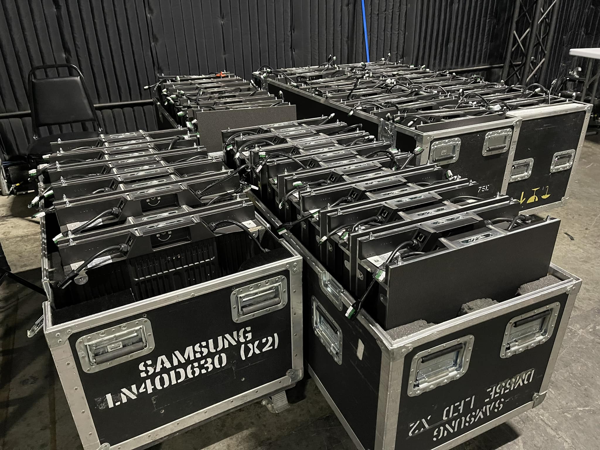 Equipment road cases at venue load-in for major production