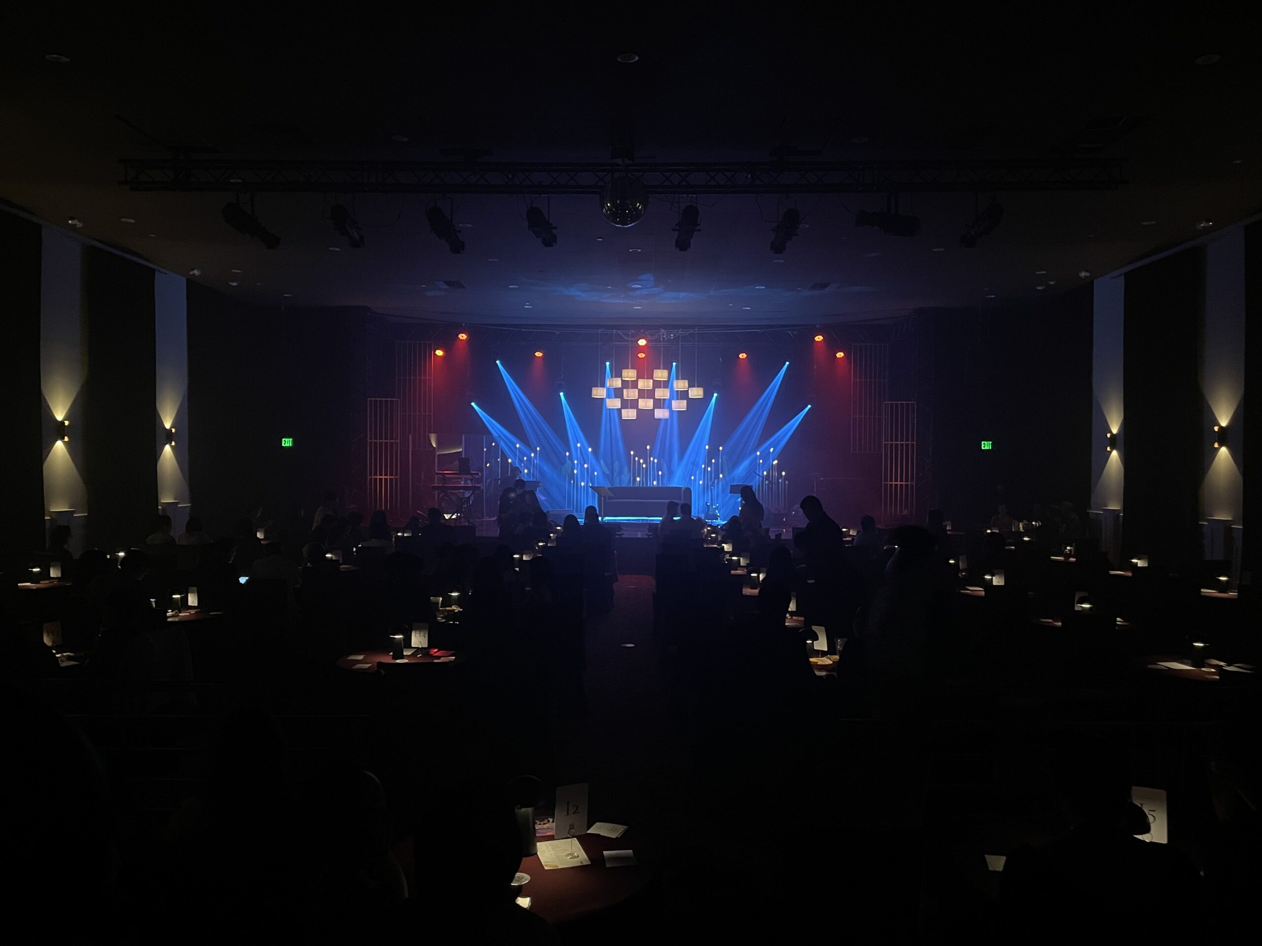 Concert venue with PA stack and stage lighting