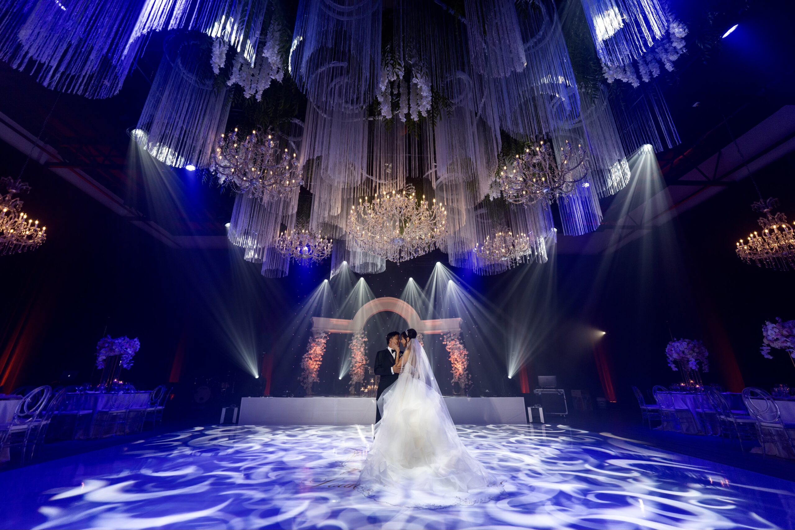 Casino theater stage with chandelier lighting and full production setup