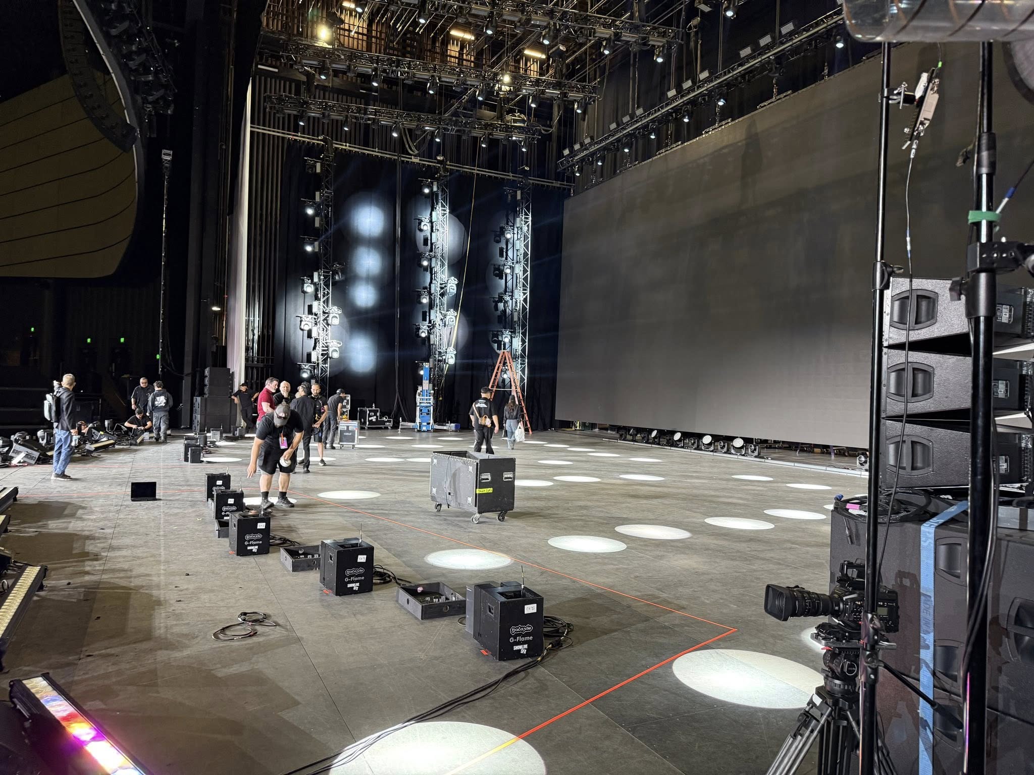 Box truss with LED video panels installed for concert stage